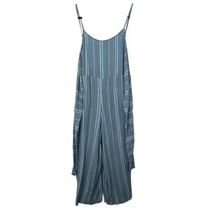 ONeill Womens M Blue Striped Jumpsuit Tie Back Wide Leg Cropped Culotte Pockets